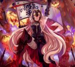  1girl armor banner blonde_hair blood bloody_weapon breasts dragon fate/grand_order fate_(series) gauntlets headpiece highres jeanne_alter long_hair looking_at_viewer pelvic_curtain ruler_(fate/apocrypha) ruler_(fate/grand_order) smirk solo sword thigh-highs very_long_hair weapon western_dragon yellow_eyes yuu_(pixiv769259) 