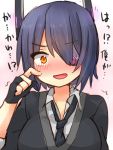  1girl blush commentary_request eyepatch finger_to_cheek gloves headgear highres kantai_collection looking_at_viewer necktie open_mouth partly_fingerless_gloves purple_hair sad_fuka short_hair tenryuu_(kantai_collection) translation_request trembling yellow_eyes 