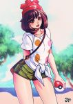  1girl bag blush brown_hair contrapposto female_protagonist_(pokemon_sm) green_pants hat holding holding_poke_ball jadenkaiba looking_at_viewer open_mouth pants poke_ball pokemon pokemon_(game) pokemon_sm print_shirt shirt short_hair shorts shoulder_bag standing 