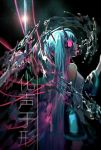  1girl arm_at_side black_background blue_hair blurry depth_of_field detached_sleeves from_side glowing hair_ornament hatsune_miku headphones headset lens_flare long_hair microphone open_mouth profile qiqu solo text twintails upper_body very_long_hair vocaloid water 