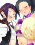  2girls :d alternate_costume bare_shoulders bitou black_hair blush boku_no_hero_academia breasts cheerleader flat_chest gakuran gloves grey_eyes headband jirou_kyouka large_breasts long_hair midriff multiple_girls navel open_mouth plug pom_poms purple_hair sarashi school_uniform short_hair smile sweatdrop unbuttoned violet_eyes white_gloves yaoyorozu_momo 