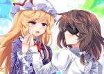  2girls blindfold blonde_hair brooch brown_hair dress e.o. hand_on_another&#039;s_cheek hand_on_another&#039;s_face hat hat_ribbon jewelry juliet_sleeves long_hair long_sleeves maribel_hearn mob_cap multiple_girls open_mouth puffy_sleeves purple_dress ribbon shirt touhou upper_body usami_renko very_long_hair violet_eyes wide_sleeves 