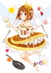  1girl ankle_ribbon barefoot bow brown_hair brown_skirt cherry_blossoms crown detached_sleeves dress egg flower food food_as_clothes food_themed_clothes fork frills fruit frying_pan full_body hair_bow jewelry knife layered_skirt looking_away milk morinaga_(brand) necklace original pancake personification pink_rose red_eyes rose short_hair shuu@maihikuboshuchu skirt solo strapless strapless_dress strawberry striped striped_bow whipped_cream wings 