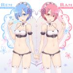  2girls adam700403 bikini black_bikini blue_eyes blue_hair character_name hair_ornament holding_hands looking_at_viewer multiple_girls open_mouth pink_eyes pink_hair ram_(re:zero) re:zero_kara_hajimeru_isekai_seikatsu rem_(re:zero) saliva saliva_trail short_hair swimsuit thigh-highs tongue tongue_out white_bikini white_legwear wrist_cuffs 