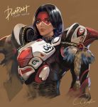  1girl armor black_hair brown_background character_name copyright_name facepaint lipstick looking_at_viewer makeup overwatch pharah_(overwatch) short_twintails shoulder_pads solo tajima_yukie twintails upper_body 