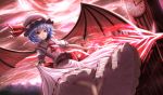  1girl ascot bat_wings dutch_angle glowing glowing_weapon hat hat_ribbon highres lavender_hair looking_at_viewer maitake_(maitake1234) midriff mob_cap navel puffy_sleeves red_eyes remilia_scarlet ribbon sash shirt short_hair short_sleeves skirt skirt_hold skirt_set solo spear_the_gungnir touhou weapon wings 