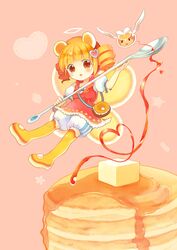  1girl :&gt; :o animal_ears bear_ears bloomers boots brown_eyes butter drill_hair fairy fairy_wings flying food_as_clothes food_themed_clothes hair_ornament heart_hair_ornament highres looking_at_viewer morinaga_(brand) orange_hair original oversized_object pancake personification pink_background red_skirt short_hair skirt solo spoon syrup takeda_mika thigh-highs thigh_boots twin_drills underwear wings yellow_boots 