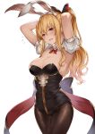  1girl :d alternate_costume animal_ears armpits arms_up bangs bare_shoulders black_bow black_legwear black_leotard blush bow bowtie breasts cleavage cowboy_shot detached_collar detached_sleeves fake_animal_ears flying_sweatdrops granblue_fantasy hair_between_eyes hair_bow hairband hands_in_hair head_tilt highres large_breasts legs_together leotard lialight looking_at_viewer open_mouth pantyhose ponytail puffy_short_sleeves puffy_sleeves rabbit_ears red_bow red_bowtie red_eyes short_sleeves sidelocks simple_background smile solo standing strapless strapless_leotard sweatdrop vira white_background 