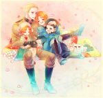  4boys =_= ahoge axis_powers_hetalia blonde_hair blue_eyes boots cat chibitalia_(hetalia) crossdressinging dress germany_(hetalia) germany_(nekotalia) heart highres holy_roman_empire_(hetalia) knee_boots male_focus military military_uniform multiple_boys multiple_persona nishiki_koi northern_italy_(hetalia) northern_italy_(nekotalia) open_mouth orange_hair sitting sitting_on_lap sitting_on_person smile time_paradox uniform younger 