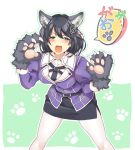  &gt;:o 1girl :o akaneyu_akiiro animal_ears belt black_hair black_skirt blush breasts brown_eyes claws fangs gloves haguro_(kantai_collection) hair_ornament kantai_collection leaning_forward long_sleeves looking_at_viewer open_mouth paw_gloves pencil_skirt puffy_long_sleeves puffy_sleeves remodel_(kantai_collection) short_hair skirt solo teeth white_legwear wolf_ears wolf_paws 