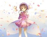  1girl brown_hair cardcaptor_sakura dress elbow_gloves gloves green_eyes hat highres holding kero kinomoto_sakura lazy_orange looking_at_viewer open_mouth pink_dress pink_gloves short_hair shorts_under_skirt staff 