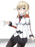  absurdres anchor_choker bangs blonde_hair blue_eyes capelet coffee_mug commentary_request doyagao graf_zeppelin_(kantai_collection) hair_between_eyes highres holding_cup jacket kantai_collection leaning_on_object long_hair looking_at_viewer military military_uniform moyoron pantyhose pleated_skirt skirt smile smug sparkle troll_face twintails uniform 