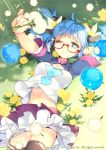  1girl 2015 ahoge apple black_legwear blue_apple blue_eyes blue_hair breasts btoor company_name dandelion english flower food frilled_sleeves frills from_above fruit glasses hand_behind_head highres holding holding_flower lying midriff on_back on_ground one_eye_closed outstretched_arm puckered_lips red-framed_glasses semi-rimless_glasses shirt short_sleeves sid_story solo sparkle thigh-highs torn_clothes torn_thighhighs twintails under-rim_glasses watermark wind 
