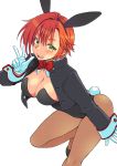  1girl :d animal_ears ass blush bow bowtie bunny_tail bunnysuit eroe genderswap genderswap_(mtf) gloves green_eyes long_hair open_mouth orange_hair original pantyhose rabbit_ears short_hair smile solo tail tears teeth tongue w white_gloves 