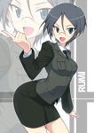  bangs black_hair blue_eyes character_name contrapposto girls_und_panzer glasses hair_between_eyes hand_up harukon_(halcon) highres jacket looking_at_viewer military military_uniform necktie open_mouth parted_bangs pencil_skirt rumi_(girls_und_panzer) skirt smile uniform zoom_layer 