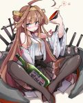  1girl ahoge blue_eyes bottle brown_hair drunk hairband kantai_collection kongou_(kantai_collection) long_hair nontraditional_miko smile tansuke tongue turret 