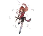  1girl :d black_pants boots coattails erica_fontaine feathers granblue_fantasy gun holding holding_gun holding_weapon leg_up long_hair long_sleeves low-tied_long_hair military military_uniform minaba_hideo official_art open_mouth over-kneehighs pants red_eyes redhead running sakura_taisen sidelocks smile solo thigh-highs transparent_background uniform weapon white_boots 