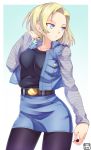  1girl android_18 artist_request belt black_legwear blonde_hair blue_eyes blue_skirt breasts dated denim_jacket denim_skirt dragon_ball dragon_ball_z earrings jewelry large_breasts long_sleeves looking_to_the_side pantyhose short_hair skirt solo vest 