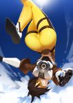 1girl aiming aiming_at_viewer ass back bangs black_hair blue_sky bodysuit clouds flying from_behind gloves goggles grin gun handgun highres jacket long_sleeves looking_at_viewer looking_back nero_(nilu) outdoors outstretched_arms overwatch shade short_hair sky smile solo thigh_strap tracer_(overwatch) upside-down weapon 