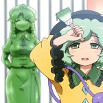  2girls bodypaint braid closed_eyes commentary_request gate green green_eyes green_hair hat hong_meiling komeiji_koishi multiple_girls open_mouth paintbrush painted_clothes puffy_sleeves shirosato shirt skirt skirt_set smile star third_eye touhou twin_braids vest wide_sleeves 