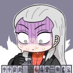  1boy akagi:_yami_ni_oritatta_tensai black_gloves black_jacket chibi closed_mouth commentary derivative_work english_commentary fukumoto_mahjong gloom_(expression) gloves grey_background grey_hair hair_slicked_back holding_mahjong_tile jacket long_hair looking_down mahjong mahjong_soul mahjong_tile male_focus nervous_sweating nyangire old old_man solo sweat washizu_iwao washizu_mahjong 