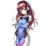  1girl bodysuit brown_hair closed_mouth covered_navel cowboy_shot crossed_arms d.va_(overwatch) expressionless eyelashes facepaint gloves head_tilt headphones junior27016 long_hair overwatch red_eyes sketch skin_tight solo standing tareme white_gloves 