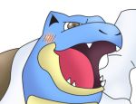  :3 :d blastoise blush blush_stickers chibi fangs grey_eyes gyate_gyate lowres ohayou_(meme) open_mouth pokemon pokemon_(creature) smile solo white_background 