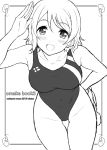  1girl absurdres competition_swimsuit highres leaning_forward love_live!_school_idol_project love_live!_sunshine!! monochrome nozomi-y one-piece_swimsuit salute short_hair swimsuit watanabe_you 