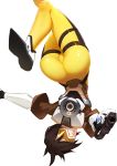  1girl aiming aiming_at_viewer ass back bangs black_hair bodysuit from_behind gloves goggles grin gun handgun highres jacket long_sleeves looking_at_viewer looking_back nero_(nilu) outstretched_arms overwatch shade short_hair simple_background smile solo thigh_strap tracer_(overwatch) upside-down weapon white_background 