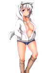  animal_ears breasts collarbone fang highres inubashiri_momiji large_breasts looking_at_viewer navel no_bra open_clothes open_shirt red_eyes shirt shishi_(321_0819) short_hair silver_hair simple_background tail touhou white_background wolf_ears wolf_tail 