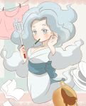  1girl blue_eyes blue_hair book breasts cleavage cup enraenra_(youkai_watch) japanese_clothes kimono large_breasts long_hair mouth_hold mug pencil solo spatula takitaki4123105 youkai youkai_watch 