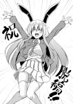  1girl :d ^_^ animal_ears arms_up blazer blush closed_eyes jacket long_hair monochrome necktie open_mouth panties pleated_skirt rabbit_ears reisen_udongein_inaba skirt smile solo tatsuya_(guild_plus) tears touhou translation_request underwear 