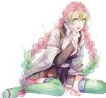  1girl between_legs blush braid breasts full_body gradient_hair green_eyes green_legwear hand_between_legs haori highres japanese_clothes kanroji_matsuri kimetsu_no_yaiba large_breasts long_hair looking_at_viewer mole multicolored_hair nizakana_takaharu open_clothes open_mouth pink_hair pleated_skirt ribbed_legwear sitting skirt solo teeth twin_braids very_long_hair 