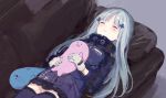 1girl bangs black_skirt blush closed_eyes couch dutch_angle eyebrows_visible_through_hair facial_mark from_above girls_frontline gloves hair_ornament hk416_(girls_frontline) jacket long_hair long_sleeves lying nprmtp on_back on_couch parted_lips purple_jacket purple_legwear silver_hair sketch skirt solo stuffed_animal stuffed_seal stuffed_toy thigh-highs very_long_hair white_gloves 