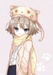  1girl 778-go absurdres animal_hat beret blue_eyes blush brown_hair copyright_request grey_background hand_in_pocket hat highres hood hooded_jacket jacket looking_at_viewer open_clothes open_jacket paw_print scarf shirt solo triangle_mouth white_shirt 
