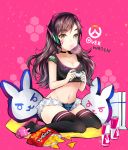  1girl animal_slippers bell bell_collar blizzard breasts brown_eyes brown_hair bubblegum bunny_slippers chips choker cleavage collar crop_top d.va_(overwatch) doritos duji_amo energy_drink facepaint food game_console headphones headset heart_in_eye highres logo long_hair navel overwatch pillow pink_background playstation_4 short_shorts shorts slippers symbol_in_eye tagme thigh-highs 