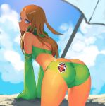  1girl adapted_costume all_fours alternate_costume ass back bandeau bare_shoulders beach beach_umbrella bikini blue_sky blush brown_hair closed_mouth eyebrows eyebrows_visible_through_hair eyelashes from_behind gloves green_bikini green_eyes green_gloves headphones headphones_around_neck konami_kirie ktktktktkkt long_hair looking_at_viewer ocean sand shadow skin_tight sky solo strapless swimsuit tan umbrella world_trigger 