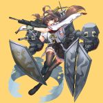  1girl absurdres blue_eyes brown_hair gloves gun hairband harumaki_haruki highres kantai_collection kongou_(kantai_collection) long_hair machinery nontraditional_miko one_eye_closed open_mouth rifle sarashi skirt smile turret weapon 