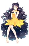  1girl barefoot bishoujo_senshi_sailor_moon black_hair blue_eyes bow bracelet crescent crescent_earrings double_bun earrings hair_bun hair_ornament hairpin highres jewelry long_hair luna_(sailor_moon) luna_(sailor_moon)_(human) personification rei_(usabiba) skirt smile solo white_background yellow_bow yellow_skirt 