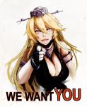  1girl blonde_hair boushi-ya breasts cleavage elbow_gloves english fingerless_gloves gloves headgear i_want_you iowa_(kantai_collection) kantai_collection large_breasts long_hair looking_at_viewer open_mouth parody pointing pointing_at_viewer smile yellow_eyes 