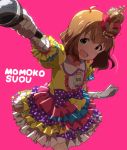  &gt;:d 1girl :d ahoge arm_up blue_eyes blush bow brown_hair character_name cowboy_shot crown dress elbow_gloves foreshortening frilled_sleeves frills gloves hair_bow head_tilt holding_microphone idolmaster idolmaster_million_live! layered_dress looking_at_viewer microphone multicolored_dress open_mouth outstretched_arm pink_background polka_dot polka_dot_bow puffy_short_sleeves puffy_sleeves purple_bow red10 red_bow round_teeth short_hair short_sleeves simple_background smile solo standing suou_momoko tareme teeth white_gloves 