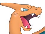  blush blush_stickers charizard chibi cyan_eyes fangs gyate_gyate lowres ohayou_(meme) pokemon pokemon_(creature) solo white_background 