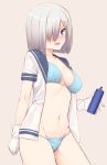  1girl :d arm_at_side bikini blue_bikini blue_eyes blush bottle breasts cleavage collarbone cowboy_shot gloves groin hair_ornament hair_over_one_eye hairclip hamakaze_(kantai_collection) head_tilt highres holding_bottle kantai_collection looking_at_viewer midriff mikazuchi_zeus navel open_clothes open_mouth open_shirt orange_background shirt short_sleeves silver_hair simple_background smile solo standing stomach swimsuit thighs water_bottle white_gloves 