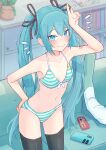  1girl bare_shoulders bikini black_thighhighs blue_eyes blue_hair blurry blurry_background book bookshelf breasts cellphone controller couch cowboy_shot flying_sweatdrops game_controller gamepad hatsune_miku highres indoors long_hair midriff navel petite phone small_breasts solo spring_onion standing striped striped_bikini stuffed_toy swimsuit thighhighs very_long_hair vocaloid yasuno-labo 