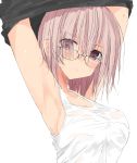  1girl absurdres arms_up bare_shoulders black_shirt blush collarbone copyright_request eyebrows eyebrows_visible_through_hair eyes_visible_through_hair glasses hair_over_one_eye head_tilt heterochromia highres nao_(qqqbb) pink_eyes pink_hair rimless_glasses shirt shirt_removed short_hair sleeveless solo sweatdrop tank_top upper_body violet_eyes wet wet_clothes wet_shirt white_shirt 