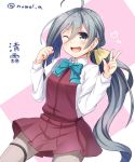  1girl ;d ahoge blue_bow blue_bowtie blush bow bowtie character_name clenched_hand cowboy_shot grey_eyes grey_legwear hair_between_eyes hair_bow heart kantai_collection kiyoshimo_(kantai_collection) long_hair long_sleeves looking_at_viewer one_eye_closed open_mouth pantyhose ponytail red_skirt sen_kagura shirt silver_hair skirt skirt_set smile solo standing thighband_pantyhose twitter_username v very_long_hair white_shirt yellow_bow 