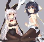  &gt;:( 2girls animal_ears artist_name ass bare_back bare_shoulders black_hair black_legwear black_shoes blue_eyes blush bow bowtie breast_hold breasts bunny_girl bunnysuit butterfly_hair_ornament cleavage covered_navel detached_collar etna eyebrows eyebrows_visible_through_hair fake_animal_ears grey_background hair_ornament hairband hairclip high_heels highres kneeling kuzuyu large_breasts leotard long_hair looking_at_viewer multiple_girls original pantyhose rabbit_ears red_bow red_bowtie red_eyes shoes short_hair sideboob signature simple_background sitting skin_tight strapless strapless_leotard tareme teardrop tears very_long_hair wariza white_shoes 