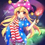  1girl american_flag_legwear american_flag_shirt blonde_hair blush clownpiece cover fairy_wings hat jester_cap long_hair looking_at_viewer moon open_mouth pantyhose print_legwear red_eyes ruhika short_sleeves smile solo star striped text touhou wings 