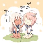  2girls :t blonde_hair blush_stickers cheek_pinching closed_eyes commentary_request engiyoshi flower hair_ornament i-58_(kantai_collection) kantai_collection long_hair multiple_girls pinching pink_hair ro-500_(kantai_collection) seiza short_hair sitting smile swimsuit swimsuit_under_clothes tan tanline tatami wavy_mouth 