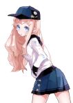  1girl 778-go :t baseball_cap blonde_hair cowboy_shot from_behind hand_in_pocket hat highres hood hoodie long_hair looking_back mouth_hold original pleated_skirt simple_background skirt solo star star_print white_background 